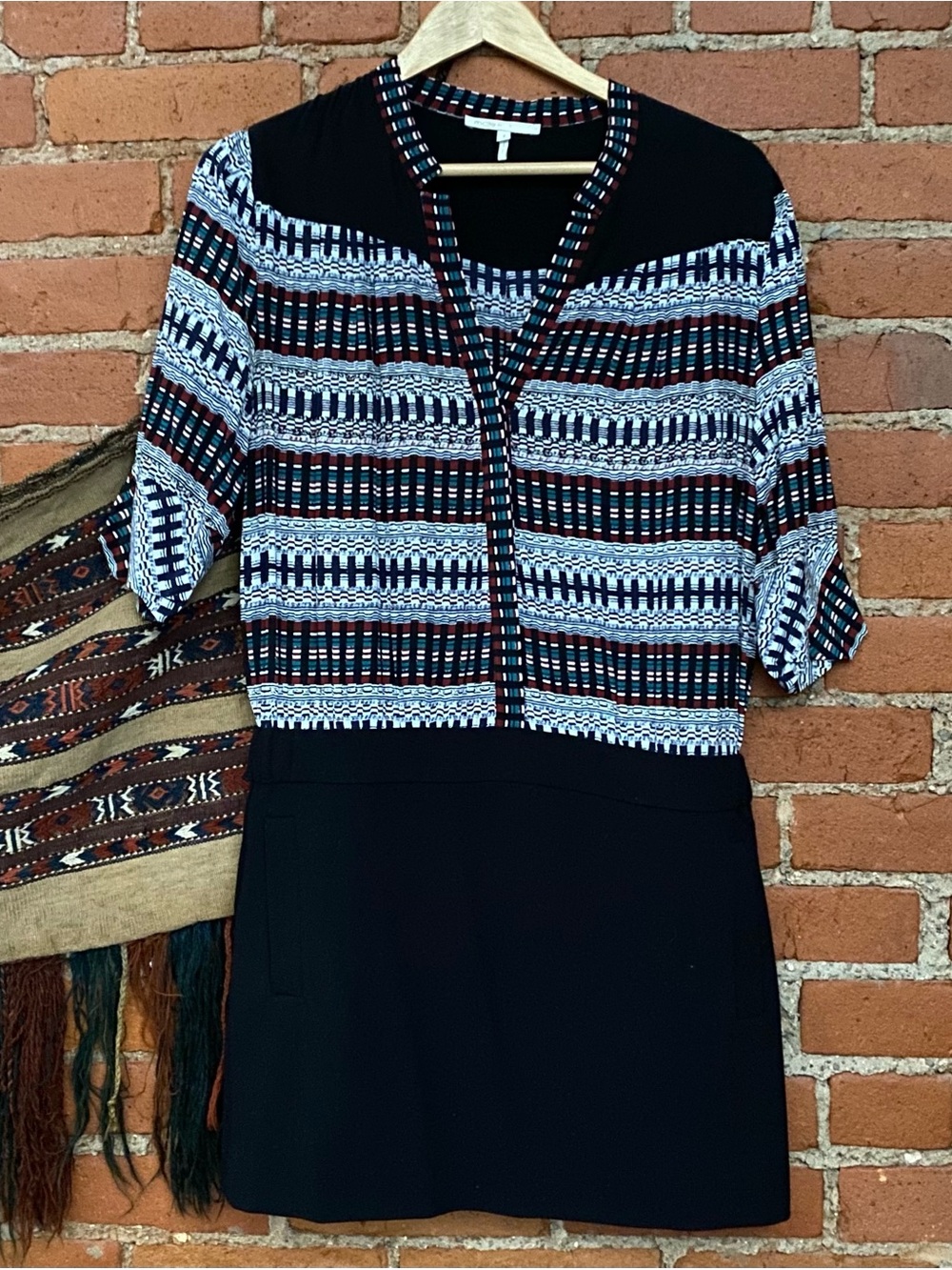 Maje Silk geometric print and black combo mini dress Size 2 Medium EUC Marant